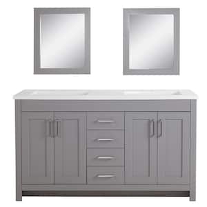 Westcourt 60 in. W x 22 in. D x 36 in. H Double Sink Bath Vanity in Gray with White Cultured Marble Top and Mirror