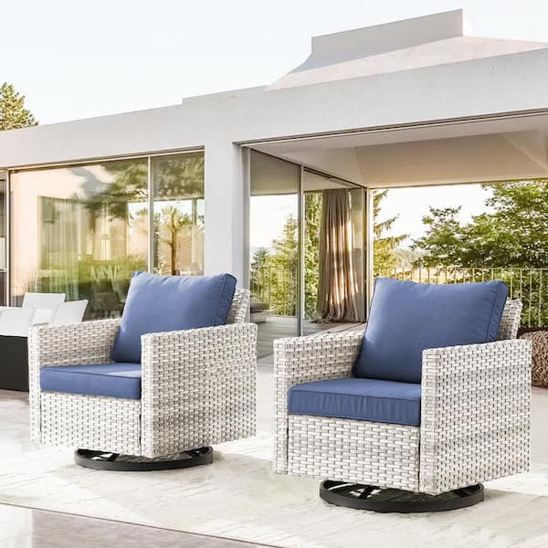 Opohoro U-Weave Metal and Light Beige Wicker Outdoor Rocking Chair Swivel Chairs with Olefin Navy Blue Cushions (2-Pack)