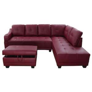 Bill 90 in. Square Arm 3-Piece Faux Leather L-Shaped Sectional Sofa in Red