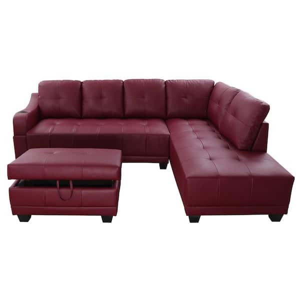 Star Home Living Bill 90 in. Square Arm 3-Piece Faux Leather L-Shaped Sectional Sofa in Red