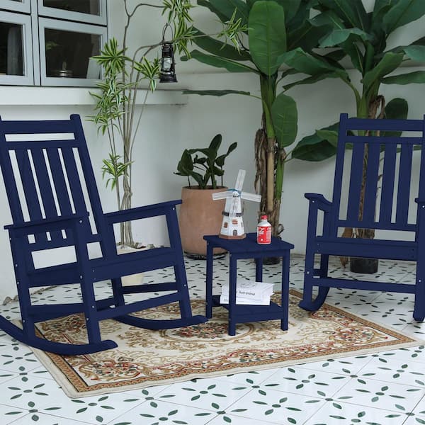Boosicavelly 3-Piece Navy Blue Plastic Outdoor Rocking Chair with Wood ...