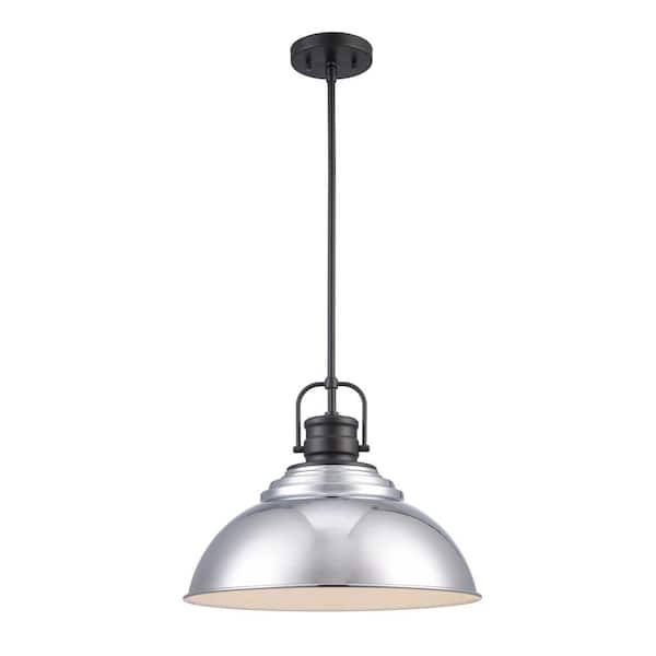 Shelston 16 in. 1-Light Chrome and Black Farmhouse Pendant Light Fixture with Metal Shade