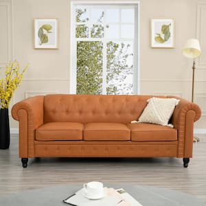 88.58 in. W Round Arm Faux Leather Rectangle Chesterfield Sofa, Tufted 3-Seat Cushions Couch in. Caramel