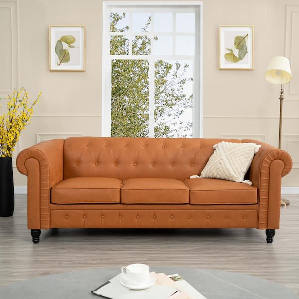 MAYKOOSH 88.58 in. W Round Arm Air Leather Faux Leather Rectangle Chesterfield Sofa, Tufted 3-Seat Cushions Couch in. Caramel