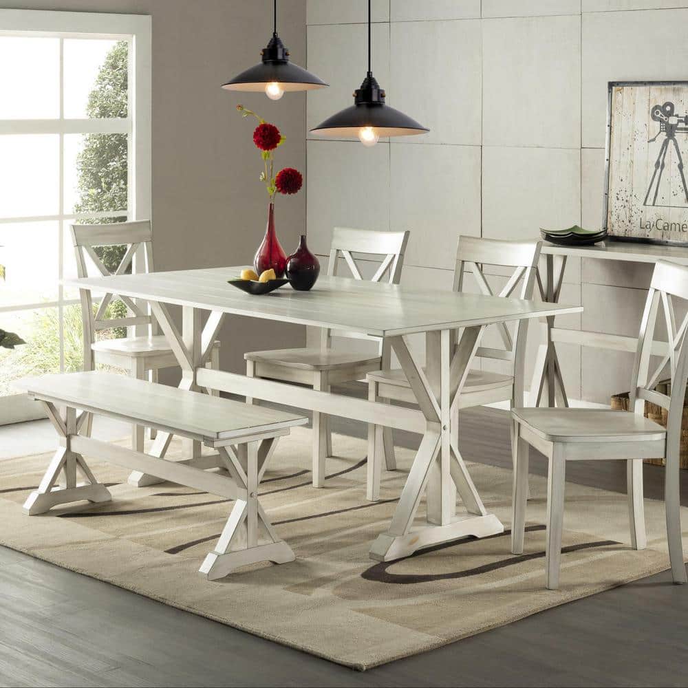 Jamestown Antique White Solid Wood & MDF Farmhouse Dining Bench