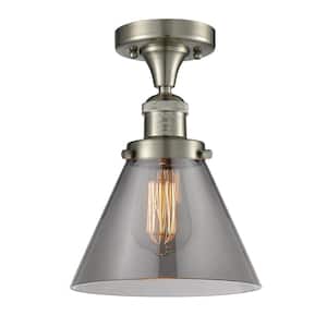 Cone 7.75 in. 1-Light Brushed Satin Nickel Semi-Flush Mount with Plated Smoke Glass Shade