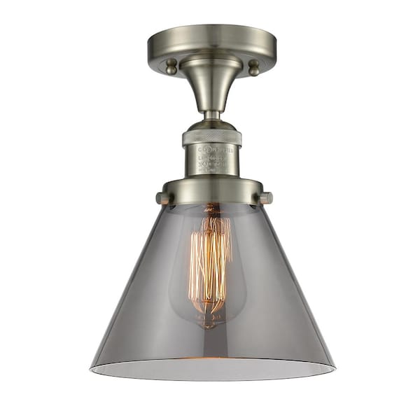 Innovations Cone 7.75 in. 1-Light Brushed Satin Nickel Semi-Flush Mount with Plated Smoke Glass Shade