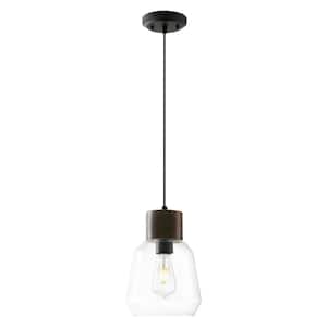 Faye 1-Light Black Wood/Clear Pendant with Glass Shade