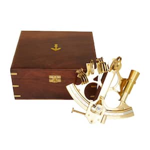 Gold Brass Metal Sextant Compass with Decorative Wood Box