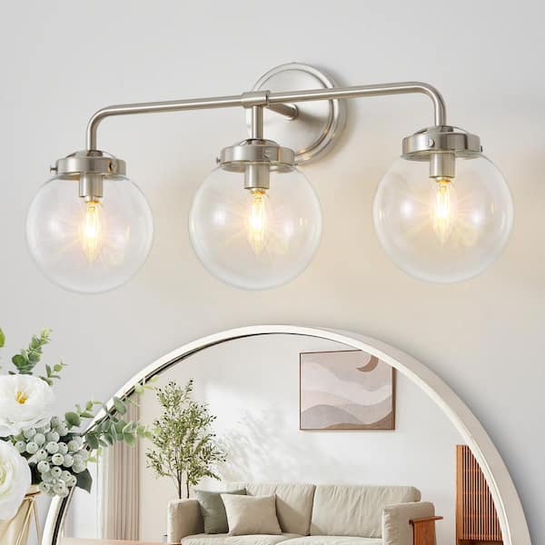 Deyidn Modern 22.44 in. 3-Light Nickel Bathroom Vanity Light with Clear Glass Shades, Suitable Bathrooms, Powder Rooms, etc.