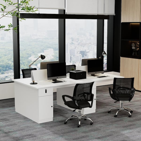FUFU&GAGA 94.5 in. L-Shaped White Wood Computer Desk Office Workstation with Cabinet, Combination Lock, Drawers