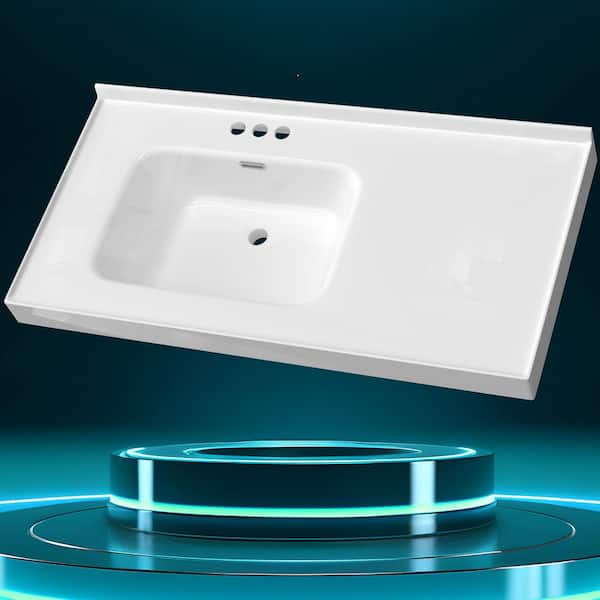 Zeafive Geb 43 in. W x 22 in. D Solid Surface White Rectangular Single Sink Vanity Top w/ Backsplash Left Basin 3-Faucet Holes