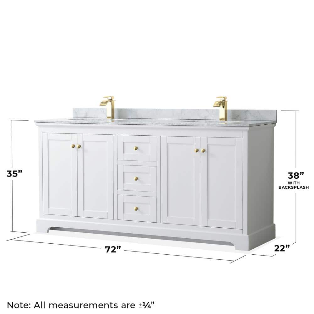 Avery 72" White Double Vanity with Carrara Marble and Brushed Gold Trim