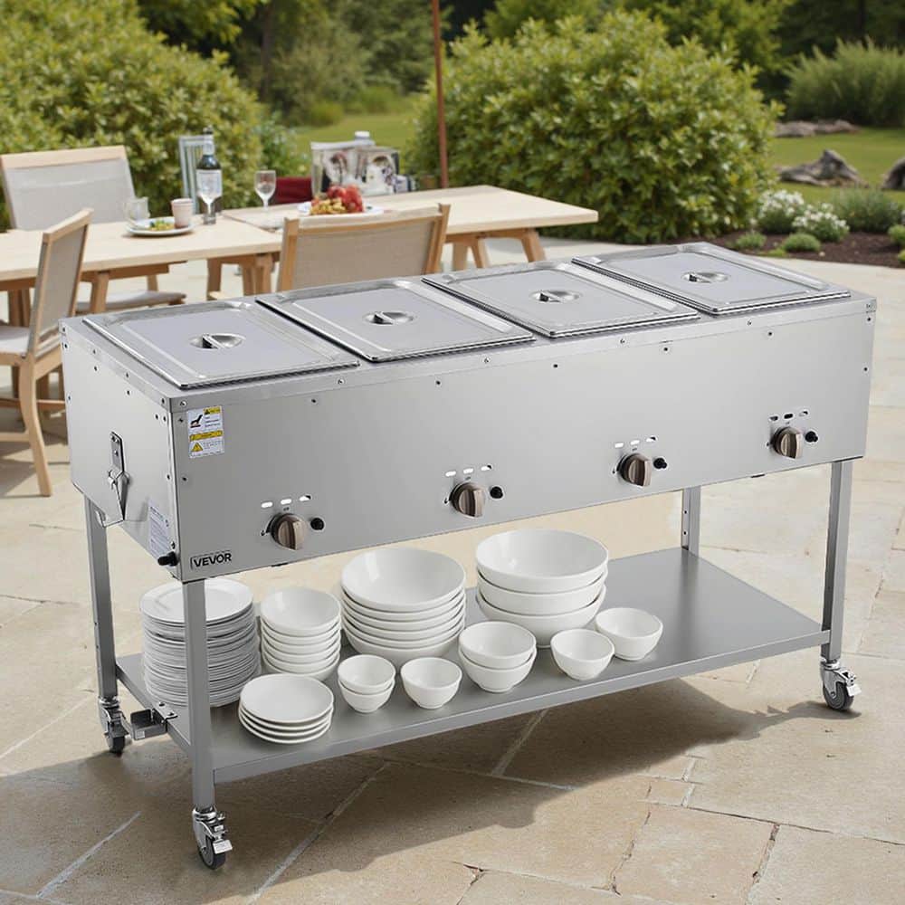 4-Pan Commercial Propane Steam Table, LP Gas Outdoor Soup Warmer with Drain Valve and 3 in. Wheels, Stainless Steel