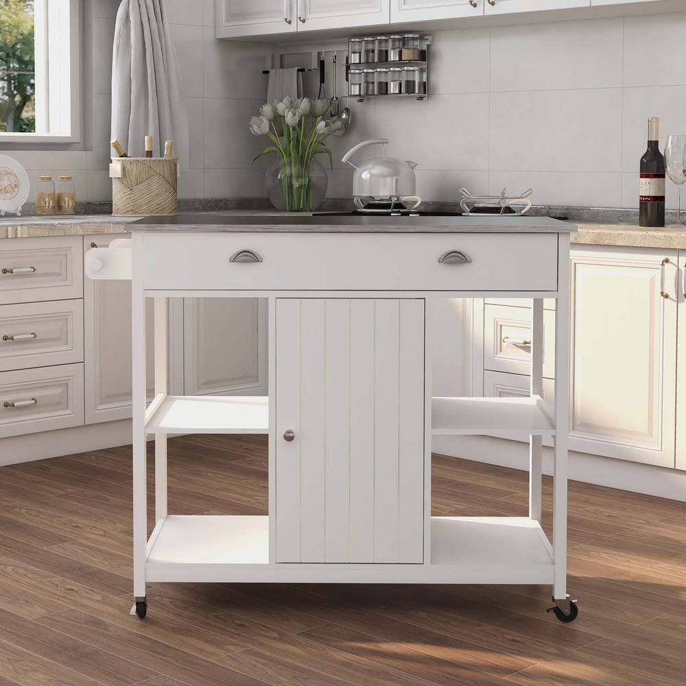 39.37 in. W White Wood Kitchen Island with Door and Drawers BF1663C471 ...