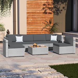 7-Piece Wicker Outdoor Patio Conversation Sectional Seating Set with Gray Cushions, Coffee Table for Outdoors