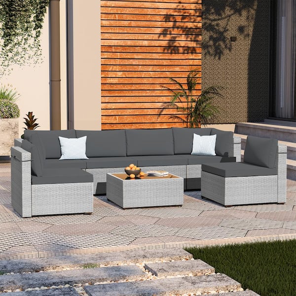 UPHA 7-Piece Wicker Outdoor Patio Conversation Sectional Seating Set with Gray Cushions, Coffee Table for Outdoors