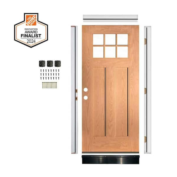 DIY RTA KIT 36in.x80in. Craftsman 6-Lite Clear Glass Right-Hand Teak Stain Fiberglass Ready To Assemble Front Door