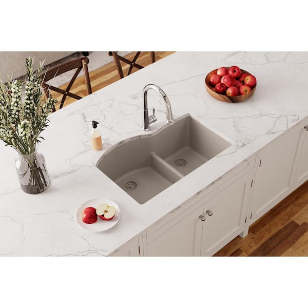 Quartz Classic 33 in. Undermount Offset 60/40 Double Bowl 16-Gauge Greige Granite/Quartz Composite Kitchen Sink Only