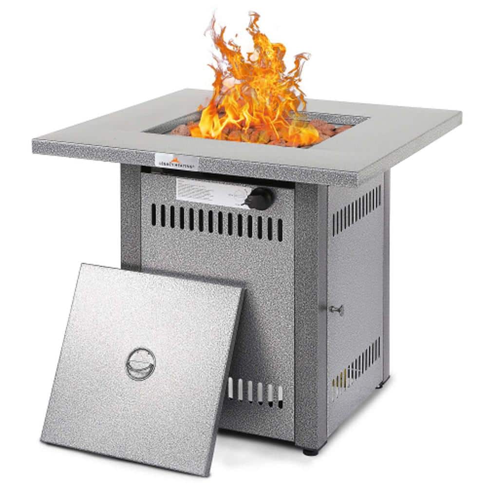 28 in. W x 24 in. H Square Silver Propane Gas Metal Fire Pit Table 50,000 BTU with Fire Glass Stone and Lid price history on PriceWatchPro