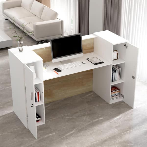 FUFU&GAGA 70.9 in. W Rectangular White and Wooden Grain Wood Computer Desk with Large Tabletop, 6-Shelves and 2-Doors