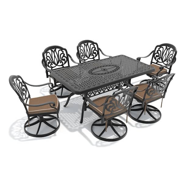 7-Piece Black Cast Aluminum Patio Outdoor Dining Set with Rectangular Table and 6 Swivel Chairs with Brown Cushions
