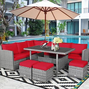 7-Pieces Wicker Patio Conversation Sectional Seating Set with Red Cushions