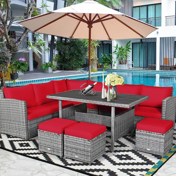 7-Pieces Wicker Patio Conversation Sectional Seating Set with Red Cushions