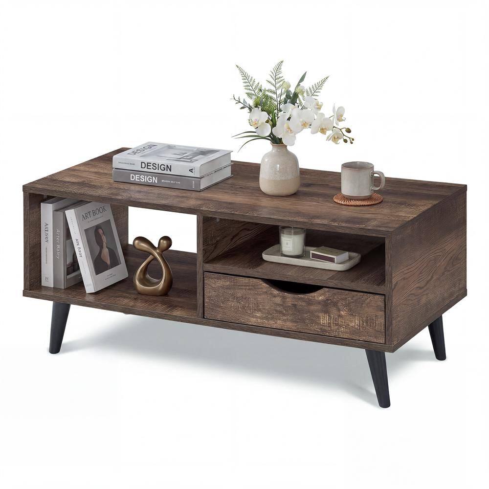 Wooden Coffee Table Rustic Accent Cocktail Table with Storage Drawer & Open Shelves Walnut