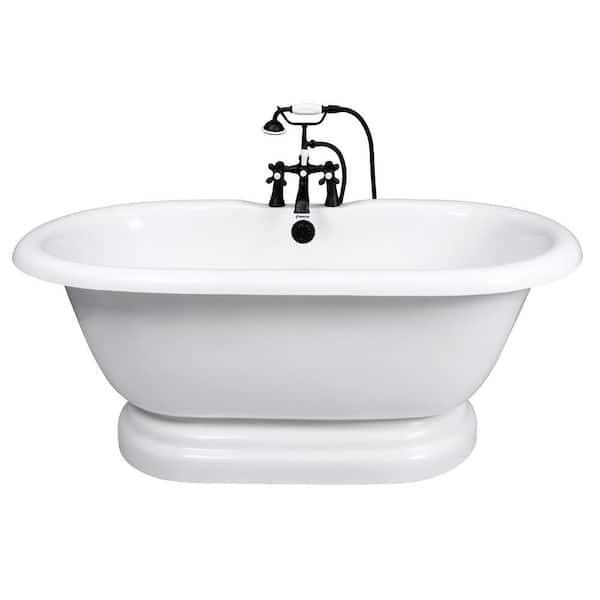 American Bath Factory 60 in. AcraStone Acrylic Double Pedestal Flatbottom Non-Whirlpool Bathtub and Faucet in Old Bronze