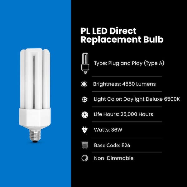 65-Watt Equivalent Quad Tube PL E26 Base with Mogul Base Adapter Non-Dimmable LED Light Bulb, Daylight 6500K (6-Pack)