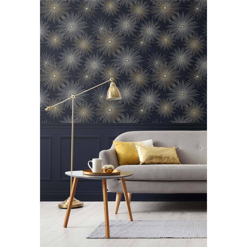 Midnight Blue and Gold Starburst Peel and Stick Wallpaper
