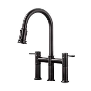 3 Holes Double Handle Bridge Kitchen Faucet with Pull Down Sprayer and Supply Lines in Oil Rubbed Bronze