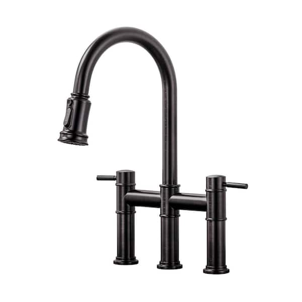 IVIGA 3 Holes Double Handle Bridge Kitchen Faucet with Pull Down ...