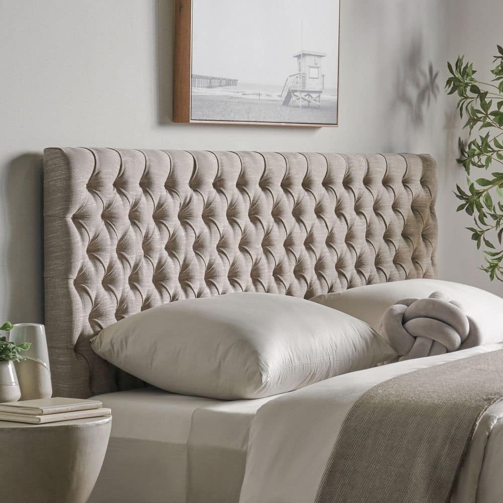 Sand Tufted Upholstered King Headboard with Black Iron Legs