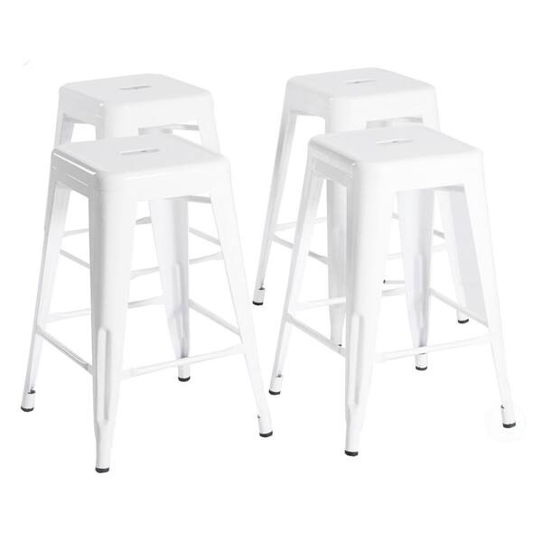 Bold Tones 24 in. High White Industrial Vintage Metal Kitchen Counter Height Indoor Outdoor Backless Stackable Bar Stool, Set of 4