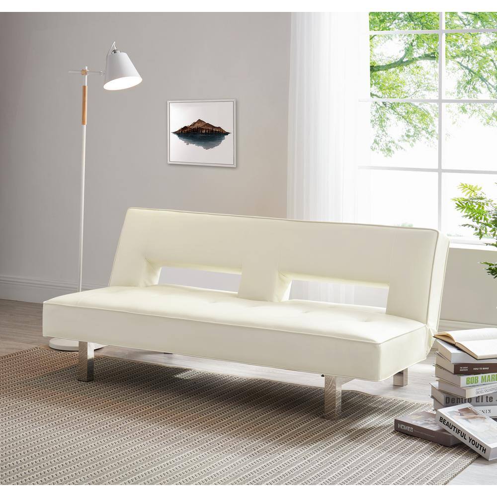 HOMESTOCK Cream Futon Sofa Bed Faux Leather Futon Couch Modern ...