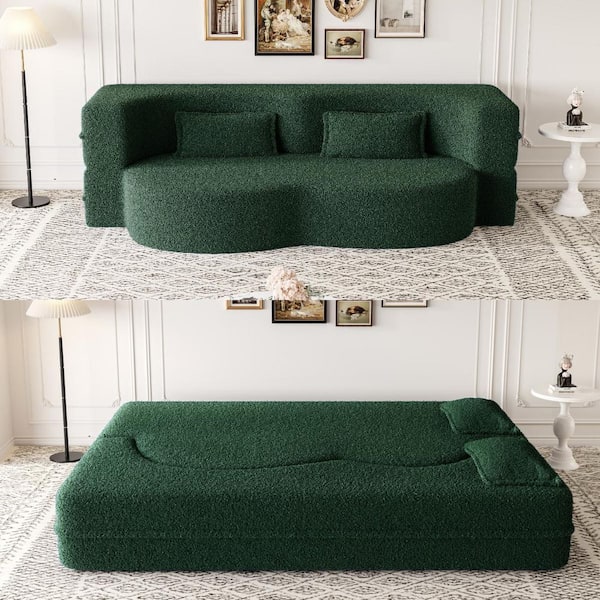 CSC DECOR INC 78 in. Square Arm Fabric Curved 3-in-1 Sofa w/ Pillow Foam-Filled Sleeper Sofa Bed,15 in. Full Folding Mattress in Green