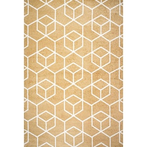 Tumbling Blocks Modern Geometric Gold/White 3 ft. x 5 ft. Area Rug