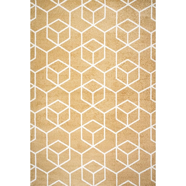 Tumbling Blocks Modern Geometric Gold/White 8 ft. x 10 ft. Area Rug
