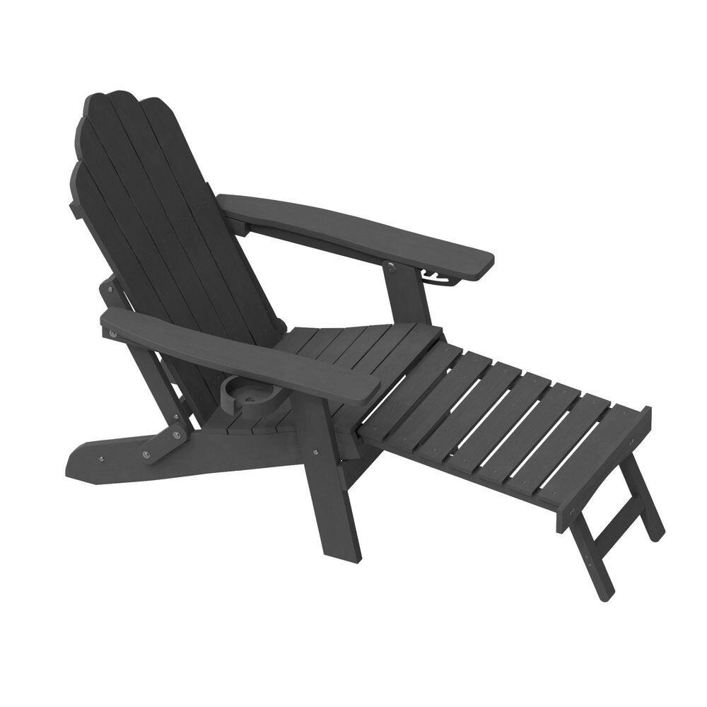 Black Plastic Folding Patio Adirondack Chair with Retractable Ottoman, Outdoor Lounge Chair with Cup Holder, Set of 1 price history on PriceWatchPro