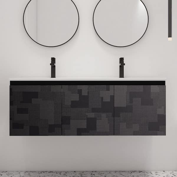 ARTCHIRLY 47.6 in. W x 18.3 in. D x 17.3 in. H Wall Mounted Bath Vanity in Black with White Ceramic Vanity Top