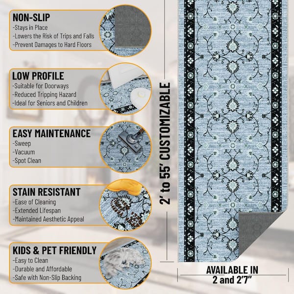 Ascend Blue  Non-Slip Rubberback Mahal 3 ft.x  50 ft. Indoor Custom Cut Extra Long Runner Rug