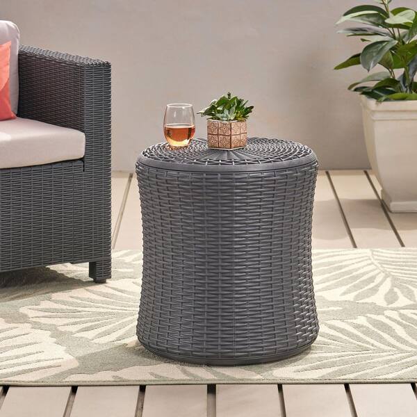 Dark Gray Cylinder Wicker Outdoor Side Table with Storage