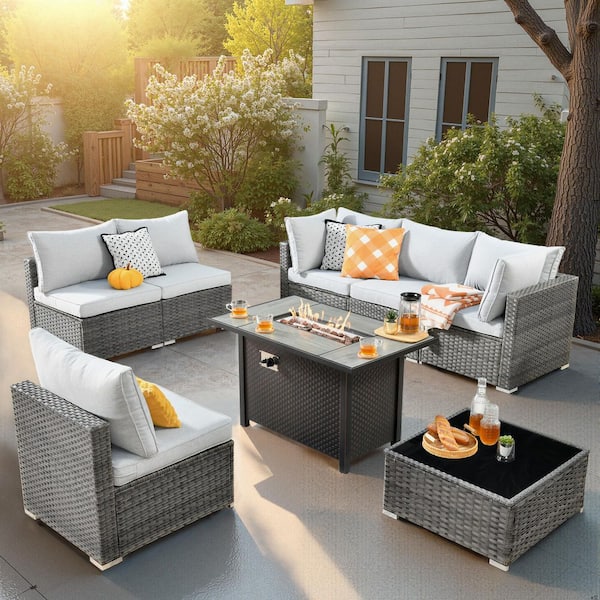 HOOOWOOO Messi Gray 8-Piece Wicker Outdoor Patio Conversation Sectional Sofa Set with a Metal Fire Pit and Light Gray Cushions