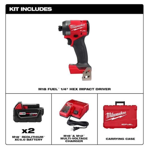 Milwaukee M18 Fuel 18-V Lithium-Ion Brushless Cordless 1/4 in. Hex Impact Driver w/(3) 5.0 Ah & Hard Case 2953-22-48-11-1850 - The Home Depot
