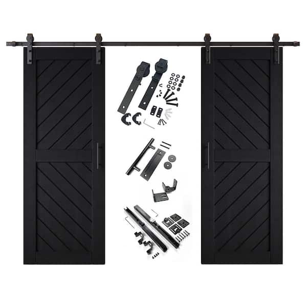 HOMACER XT3 30 in. x 80 in. C-Panel Black Slanted Stripe Design Double Pine Wood Sliding Barn Door with Hardware Kit