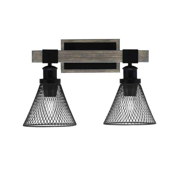 Unbranded Richmond 17.25 in. 2-Light Vanity Light Black/Painted Wood-Look Metal w/7 in. Matte Black Metal Shades No Bulbs Included
