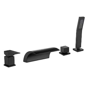 Single-Handle Deck-Mount Roman Tub Faucet with waterfall and Hand Shower in Matte Black