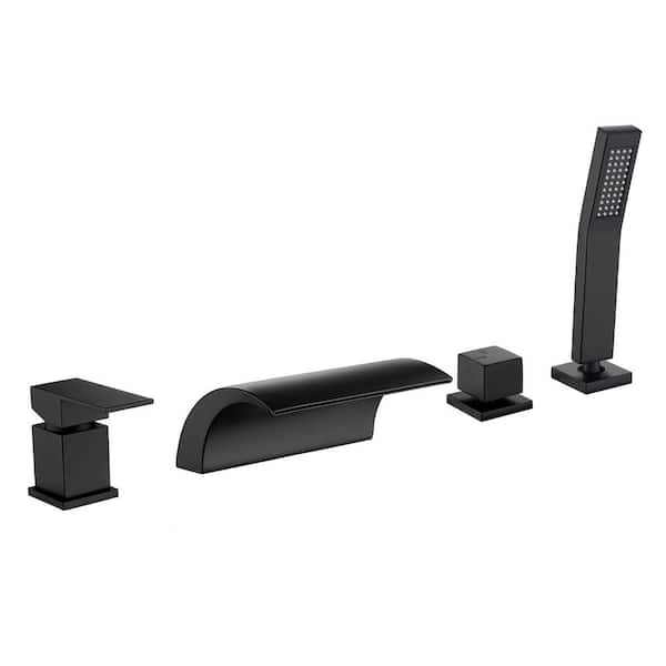 Unbranded Single-Handle Deck-Mount Roman Tub Faucet with waterfall and Hand Shower in Matte Black